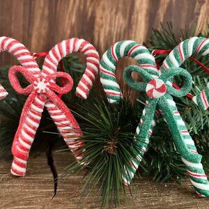 Green or Red Striped Clay Peppermint Candy Cane Christmas Ornament Gift
